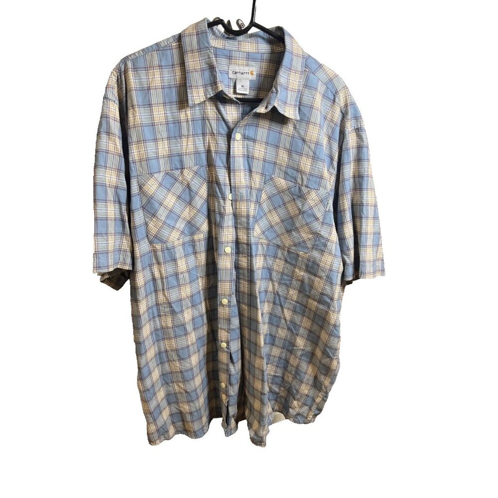 Carhartt Plaid Button Up Short Sleeve Size XL Men’s Double Pocket Blue and Brown